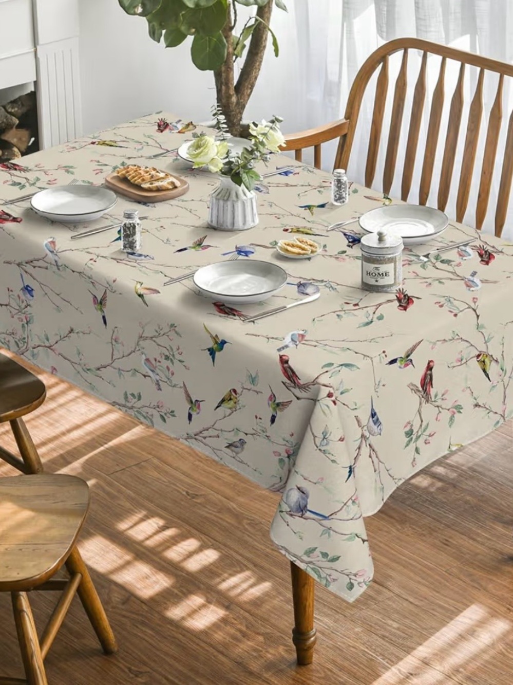 Floral Bird Print Tablecloth in Beige - Home Dining
